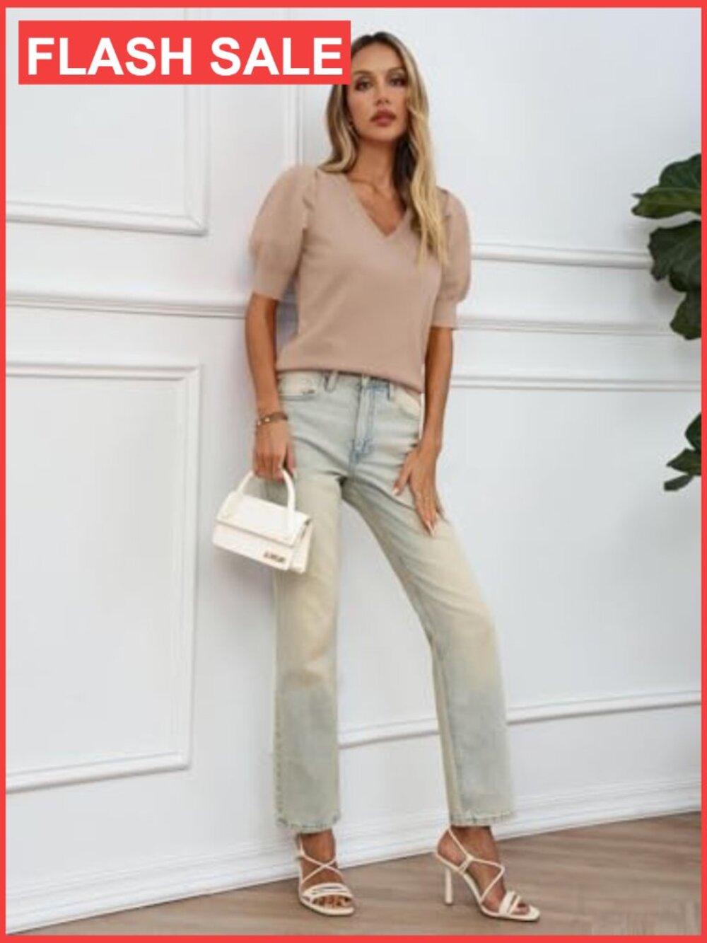V-Neck Puff Short Sleeve Knit Pullover Sweater Blouse Casual Top - Picture 5 of 6